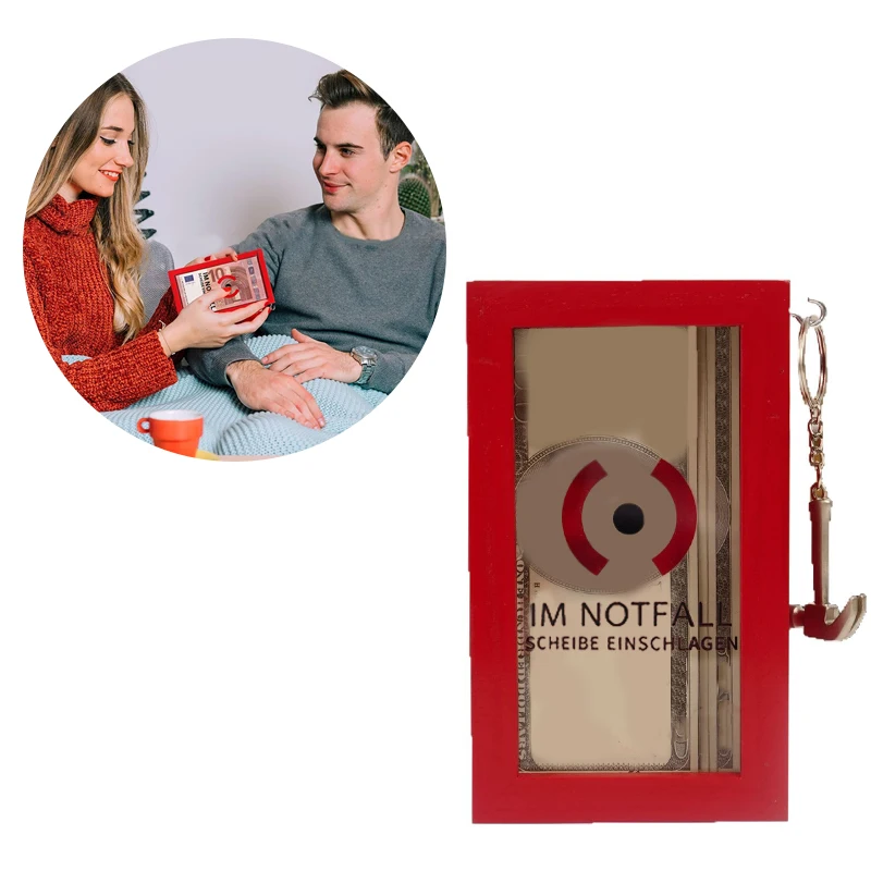 Unieke transparante spaardoos, rood hout voor kinderen en volwassenen.