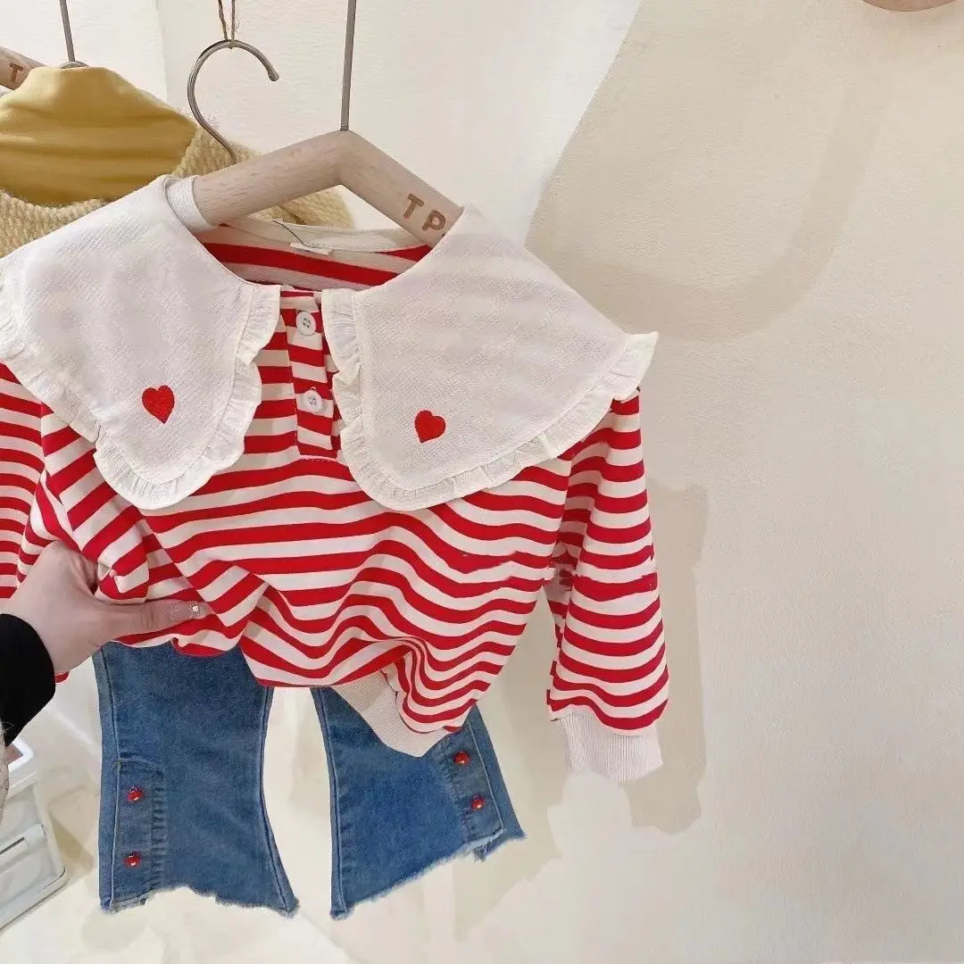 

2024 Autumn New Girls' Large Polo Collar Striped Sweater And Small Flower Cowboy Bell Pants Two Piece Set