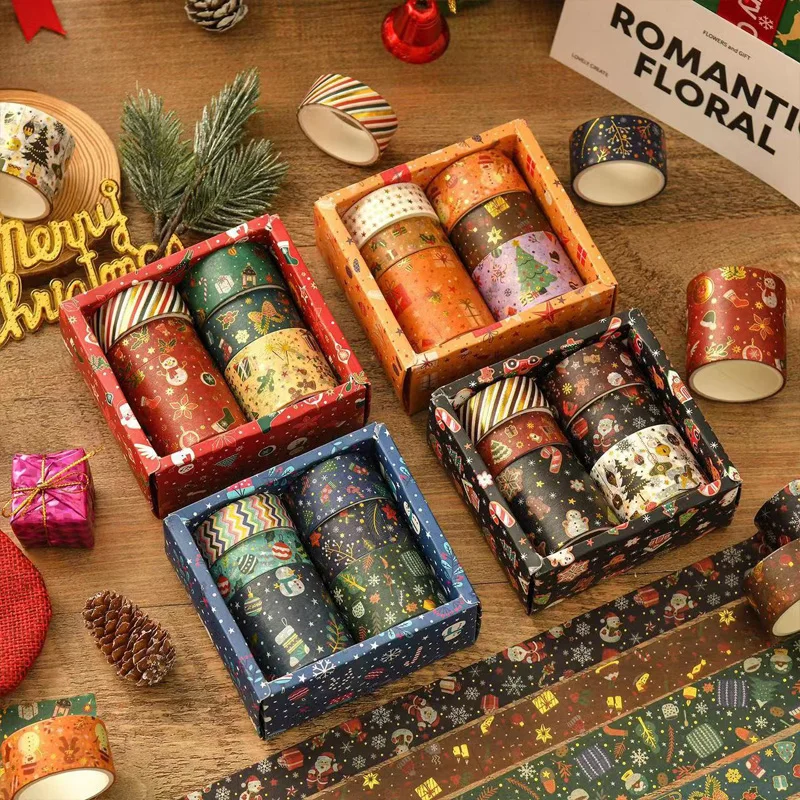 6 Roll Christmas and Paper Tape Set Retro Hand Account Decoration Material Stickers Hot Stamping Tape