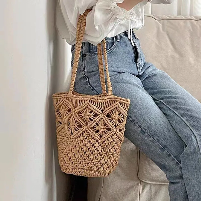 Retro travel vacation women handbag simple handmade woven shoulder bag fashion hollowed out beach bag bucket bag