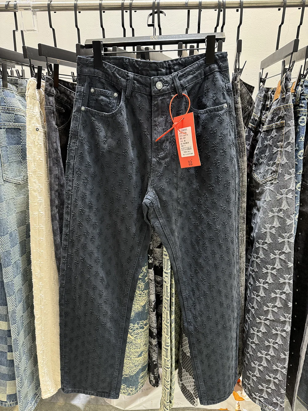 บุคลิกภาพ Vintage Y2k กางเกงยีนส์ผู้ชาย Jacquard รูปแบบคลาย Fit นูนกางเกงขาตรง Baggy กางเกงใหม่
