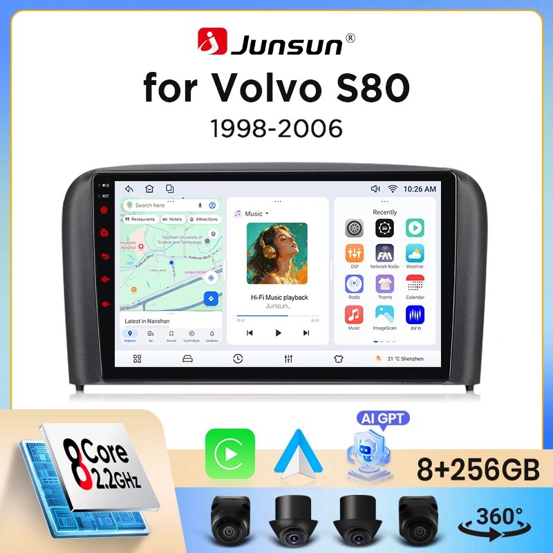 Image of Junsun Wireless CarPlay Android Auto Autoradio für Volvo S80 Mk1 (P2) 1998-2006 mit integriertem Lüfter, Android GPS-Navigation, Multimedia-Player, WiFi, DSP, RDS, BT, SWC, IPS-Touchscreen, Autoradio,