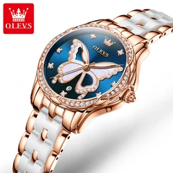 OLEVS Women Watch Luxury Butterfly Diamond Rose Gold Ceramics Steel Watches Quartz Waterproof Luminous Ladies Wristwatches