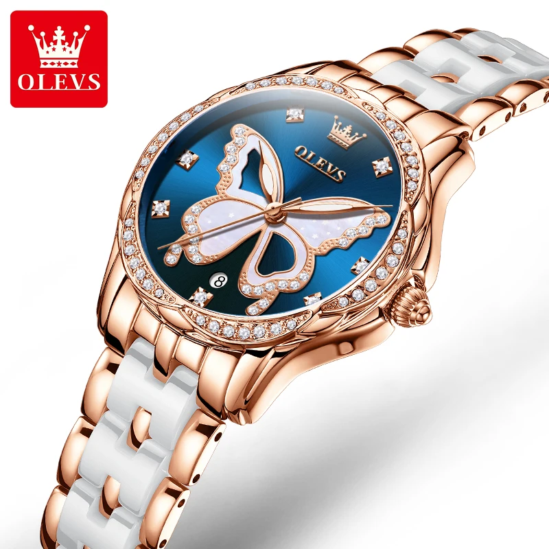 OLEVS Women Watch Luxury Butterfly Diamond Rose Gold Ceramics Steel Watches Quartz Waterproof Luminous Ladies Wristwatches