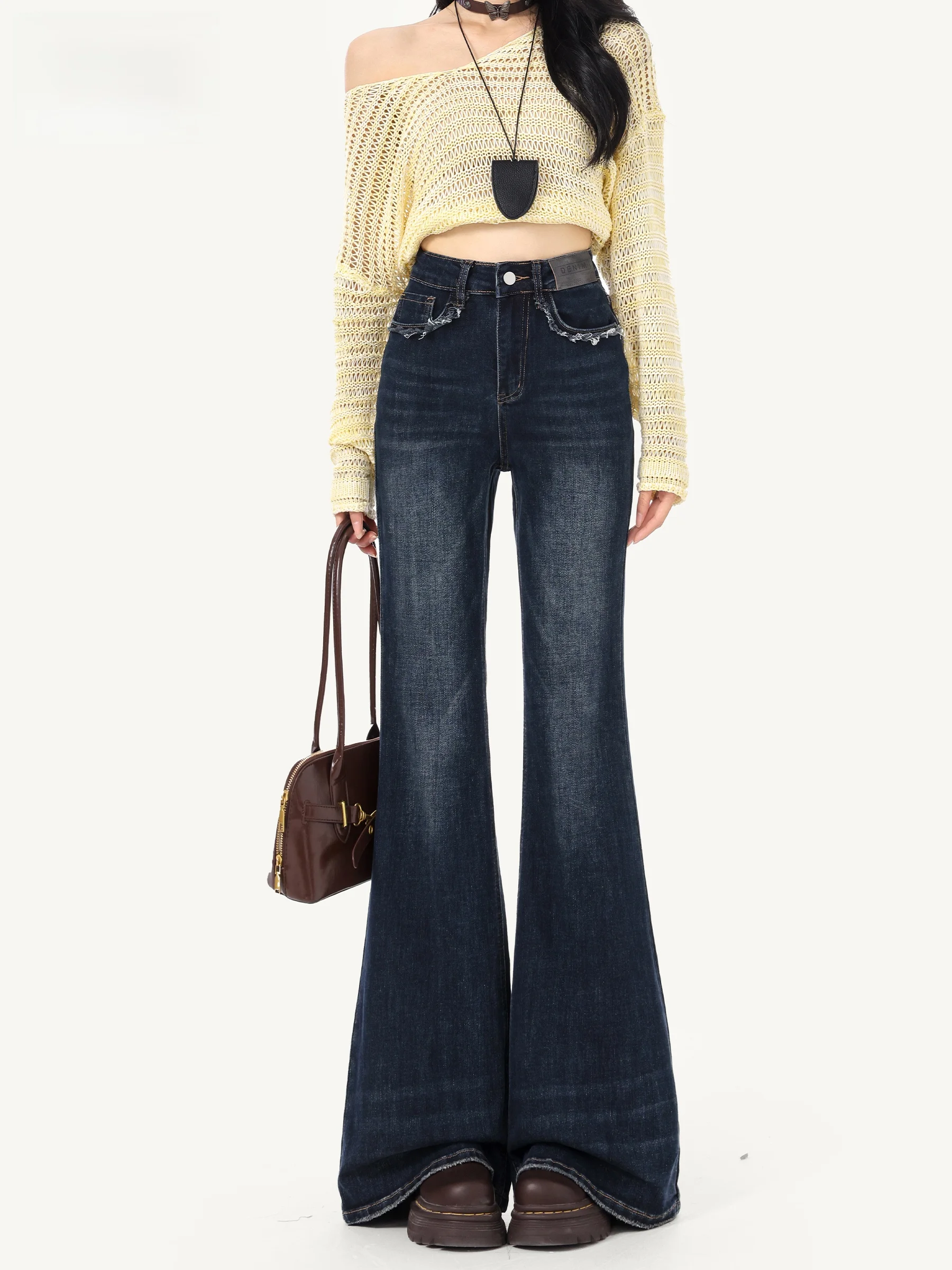 

Ретро-синие джинсы с высокой талией и расклешенными штанинами, женские, осенняя новинка, зауженные, с потертостями, с карманами, джинсы-клеш