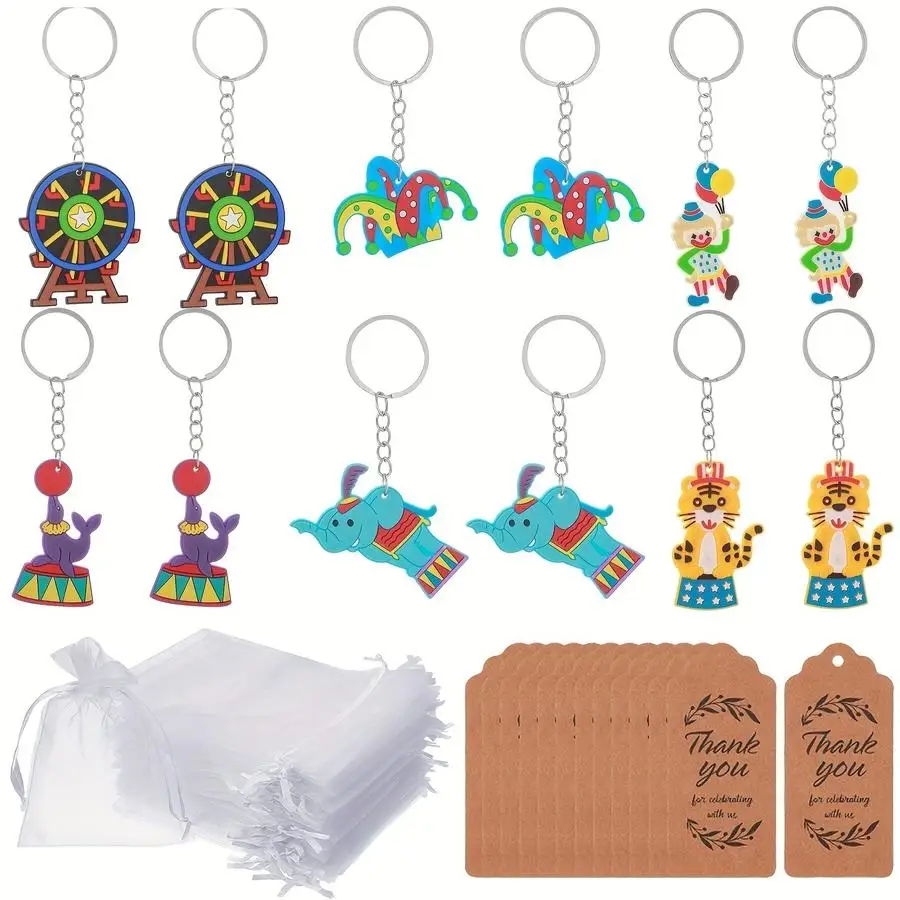 1/5/10/20/50/100pcs Gift for Her/Him: 36-Piece Circus Keychain Party Favor Set with 12 Circus Clown Animal Keychains, 12 Cards,