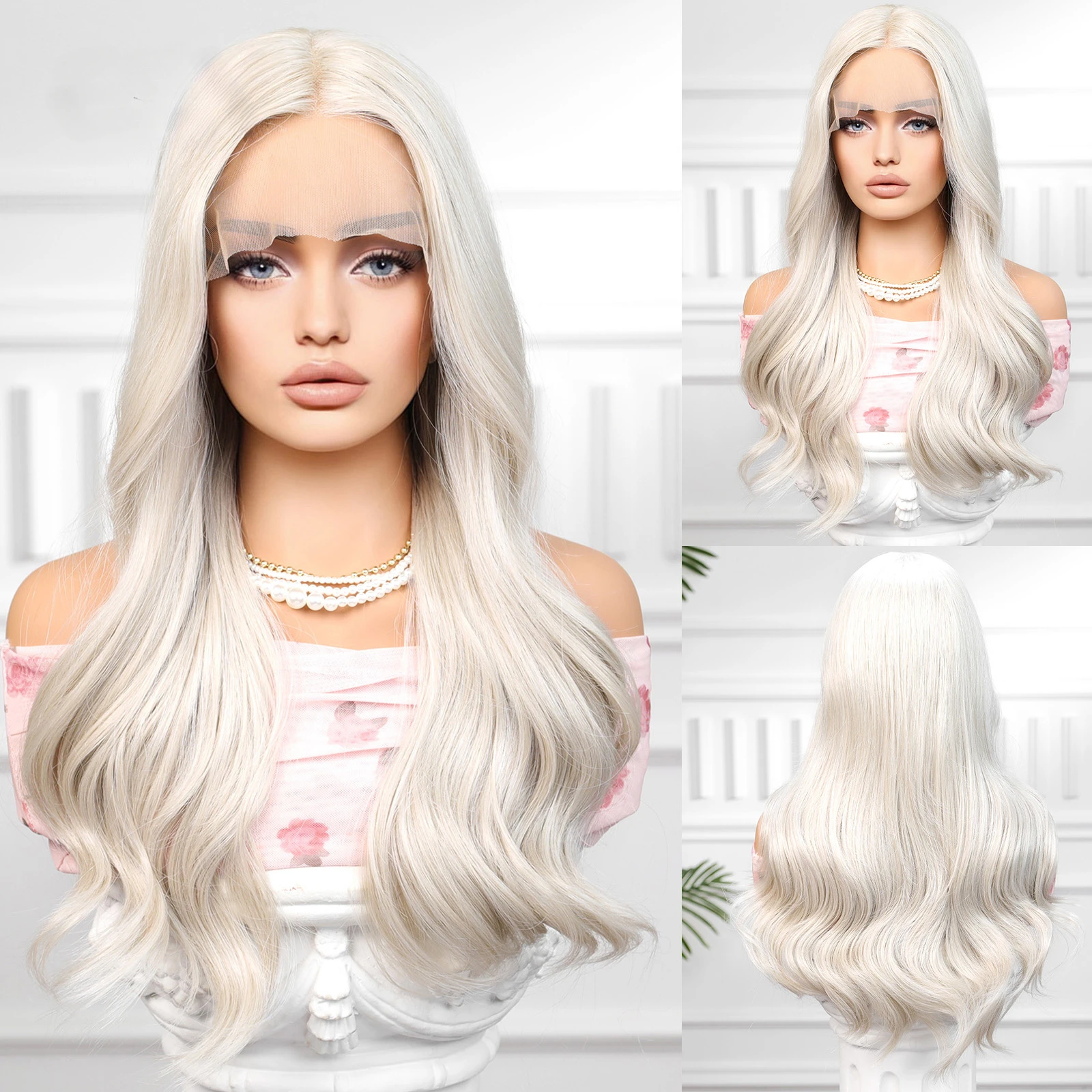 

13*4*1 HD Lace Synthetic Wigs Hair White Blonde Water Wavy Curly Middle for Girls and Ladies Natural Hairline Daily Use