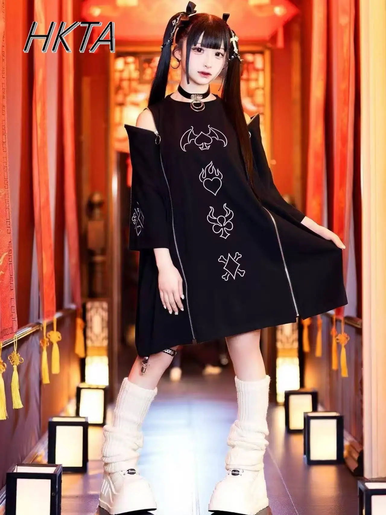 2025 Estate Nuovo Giapponese Harajuku Sottocultura Off-spalla Cerniera Scuro T-shirt Ragazza Giapponese Mine Dress a maniche corte Tshirt Dress