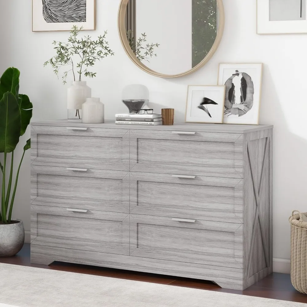 

Modern 6-Drawer Dresser for Bedroom, Dresser Chest of Drawer with Large Drawers & Silver Handles