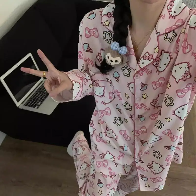 

Sanrio Hello Kitty Pajama Set Women Students Home Loungewear Cute Cartoon Spring Autumn Cardigan Long Sleeve Long Pants Style