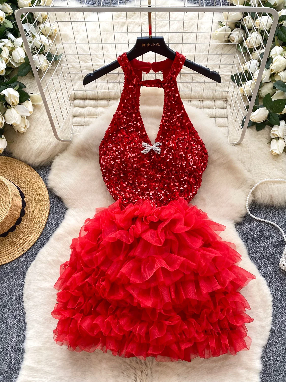 

Sexy Hollow out V-Ne Hanging Ne Sequin Me Puffy Skirt Dr Women's Small Size Birthday Dr High Waist A-Line Skirt