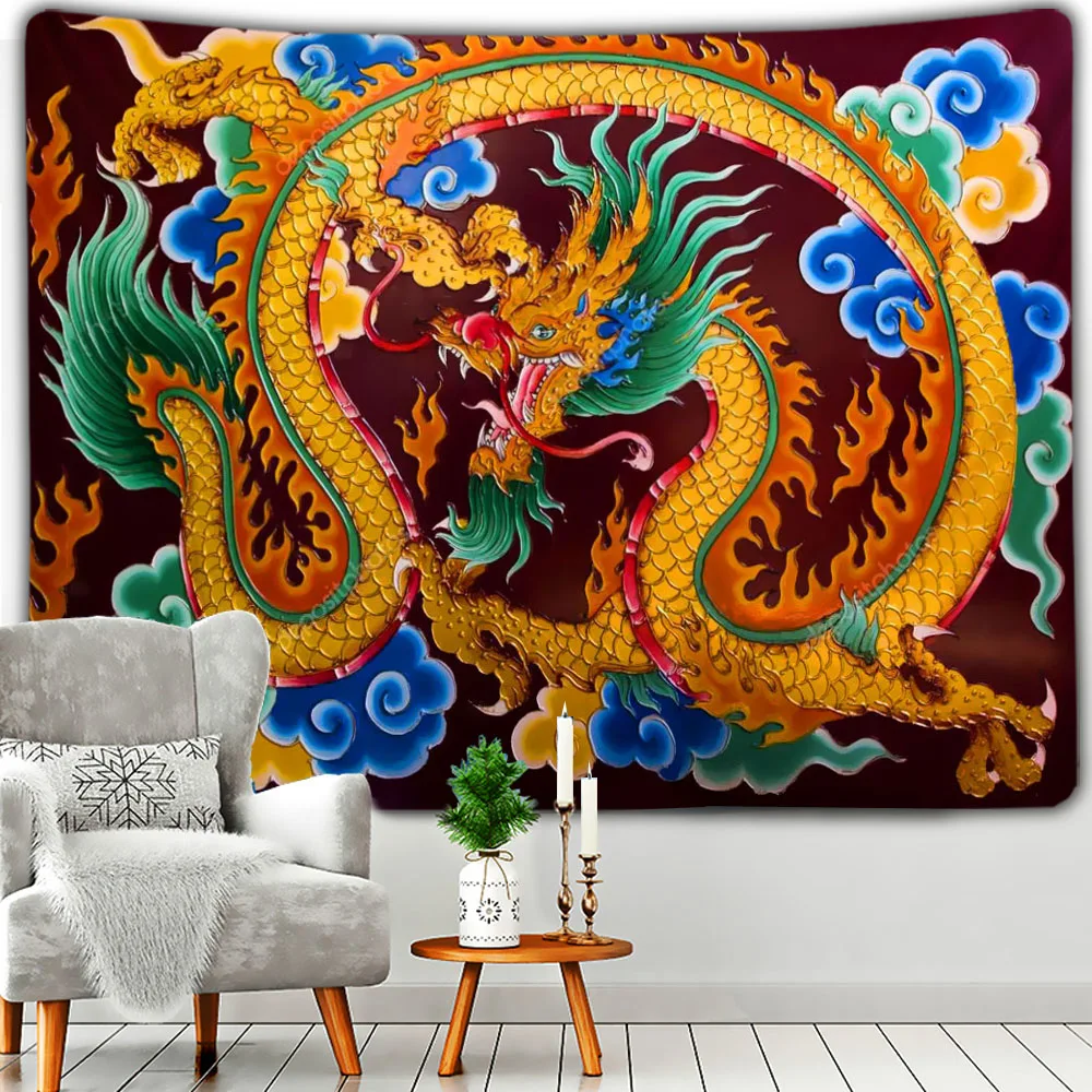 Home Bedroom Living for Decoration Chinese Dragon Tapestry Red Totem Art Ancient Mysterious Animals Theme Wall Hanging Curtain