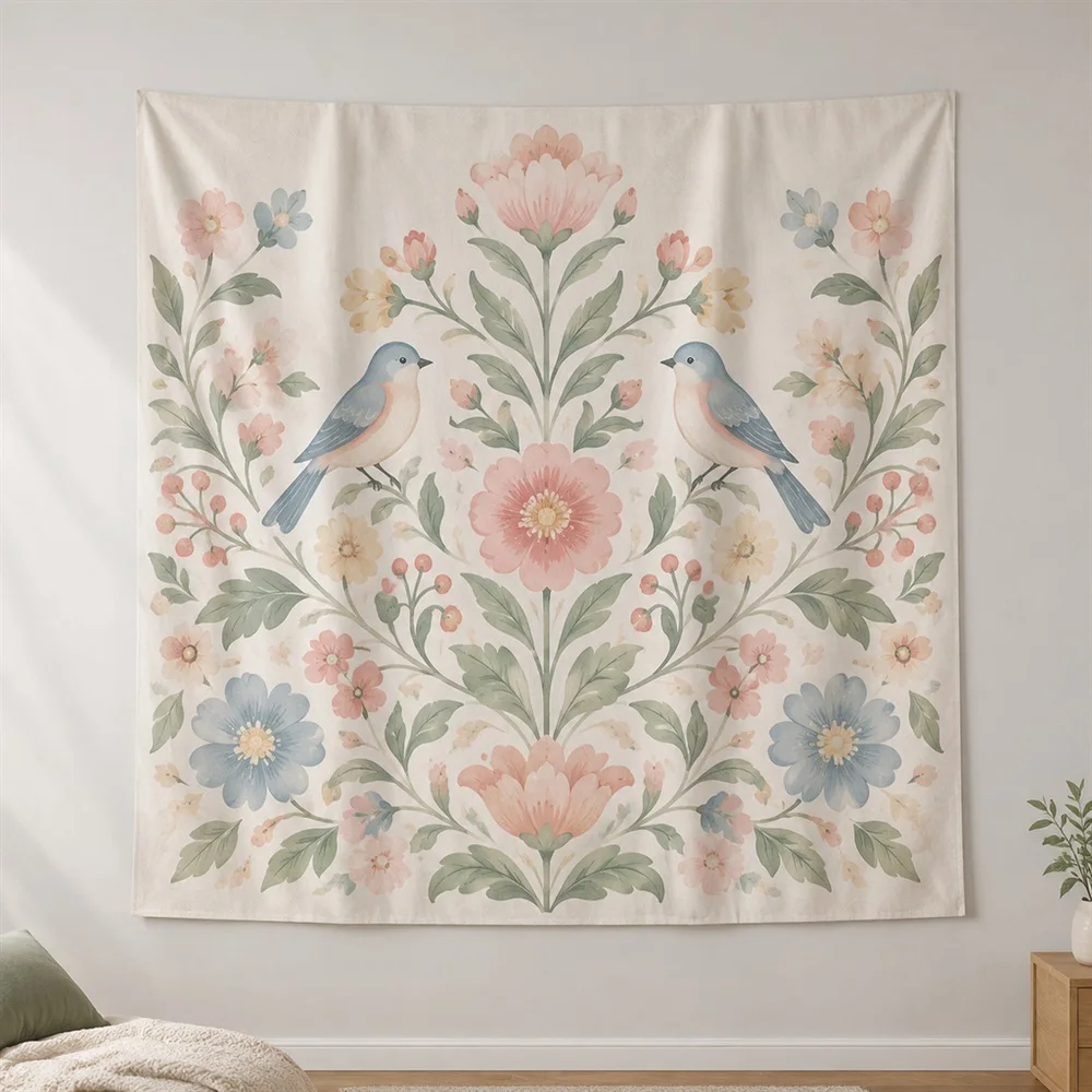 VIKAMA Korean Folk Bird Flower Center Panel Tapestry Wall Hanging, Korean Wall Art Tapestries for Bedroom Living Room Study Dorm