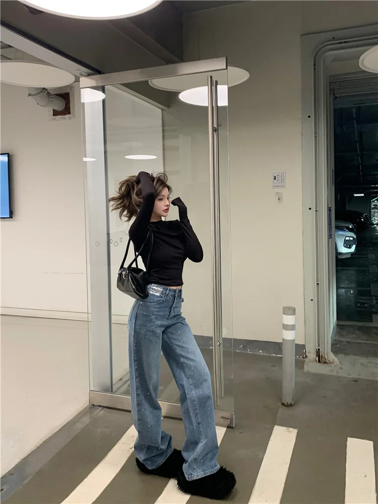 Benuynffy Women Streetwear Loose Vintage Jeans Korean Fashion Rhinestone Y2K Casual High Waist Female Straight Leg Denim Pants — zdjęcie 7