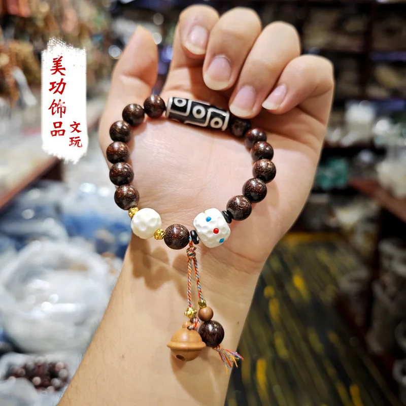 Crafts Ornament Pterocarpus Santalinus Bracelet with Dzi Bead Peach Wood Bell Camel Bone Single Ring Bracelet for Women