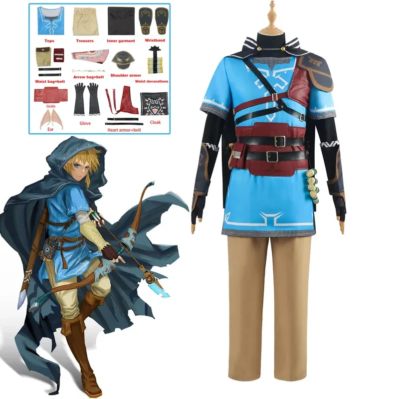 

l2025l Новая игра Zelda Косплей Linke Косплей Костюм Парик Linke Синяя туника полный комплект для Comic Con Role Play Linke Outfits Wig Link