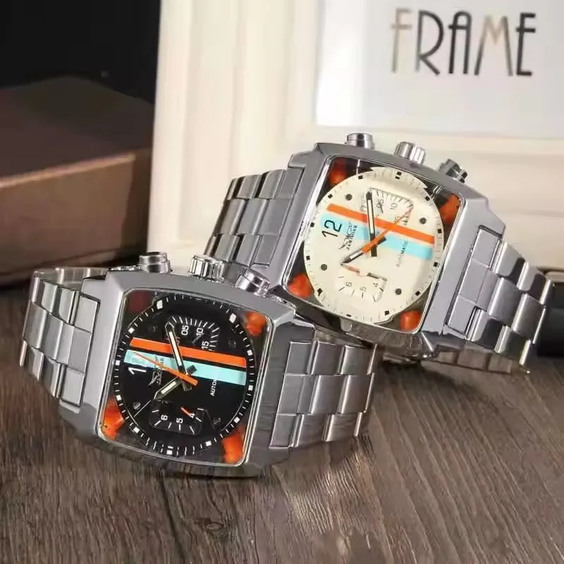 JARAGAR 569 Unique Simple Men's Automatic Mechanical Watch Retro Square Dial Calendar Week Steel Strip Casual Men's Clock Gift