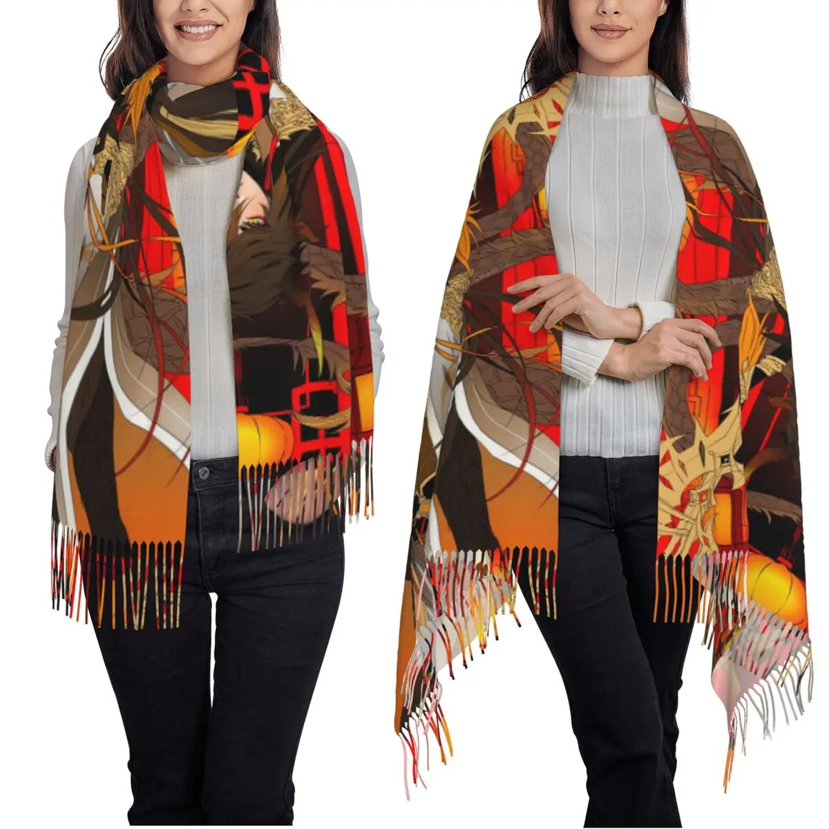 Zhongli Genshin Impact スカーフ タッセルスカーフ 女性用 ソフトで暖かいショールとラップ ロング 秋 冬 ショールラップ
