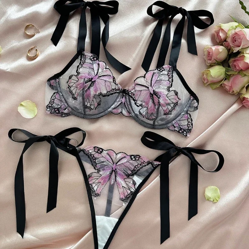 Butterfly Lingerie Fancy Lace Delicate Underwear Fairy Embroidery Sheer Exotic Sets Bowknot Bilizna Hot Girl Underwear Bras Set