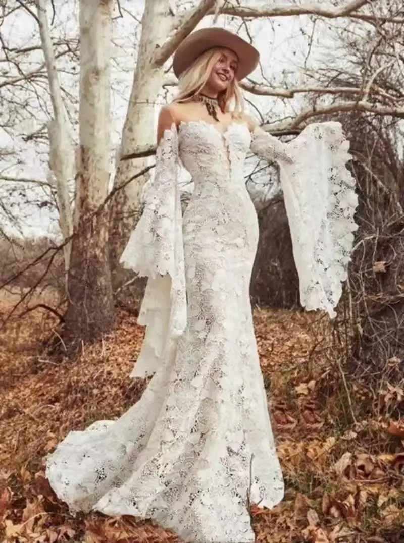 Long Boho Sleeves Wedding Dresses Sheer O-neck Vintage Crochet Bold cotton Lace Bohemian Hippie Country Bride Gowns Customized