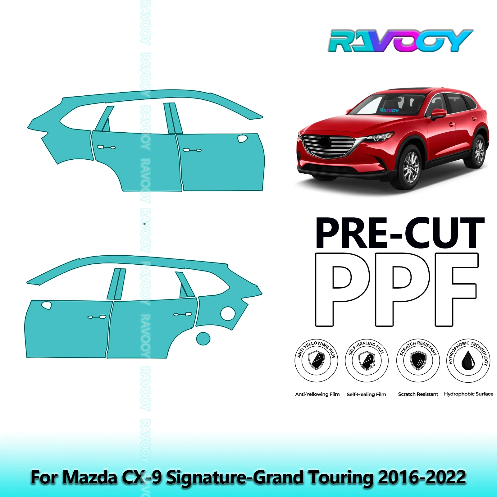 

For Mazda CX-9 Signature-Grand Touring 2016-2022 8.5mil Pre-Cut PPF Door & A/B Pillar Kit TPU Paint Protection Film Set