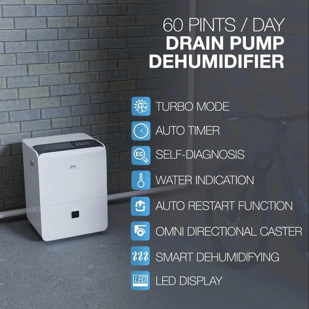 60 Pint Dehumidifier with Drain Pump (95 pint 2012 DOE standard) Dehumidifier for Large Room or Basements 10L Water Tank