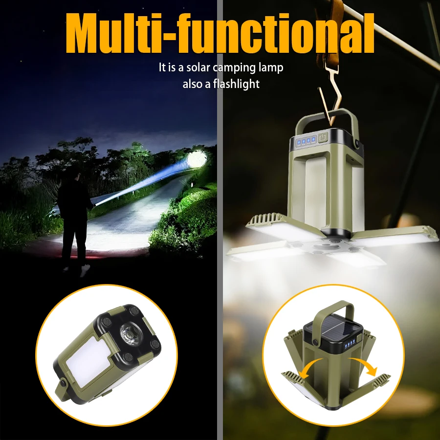 Portable Outdoor Solar Camping Light 6 Modes Built-in 18650 Battery Rechargeable Flashlight With Power Bank Hanging Tent Lamp