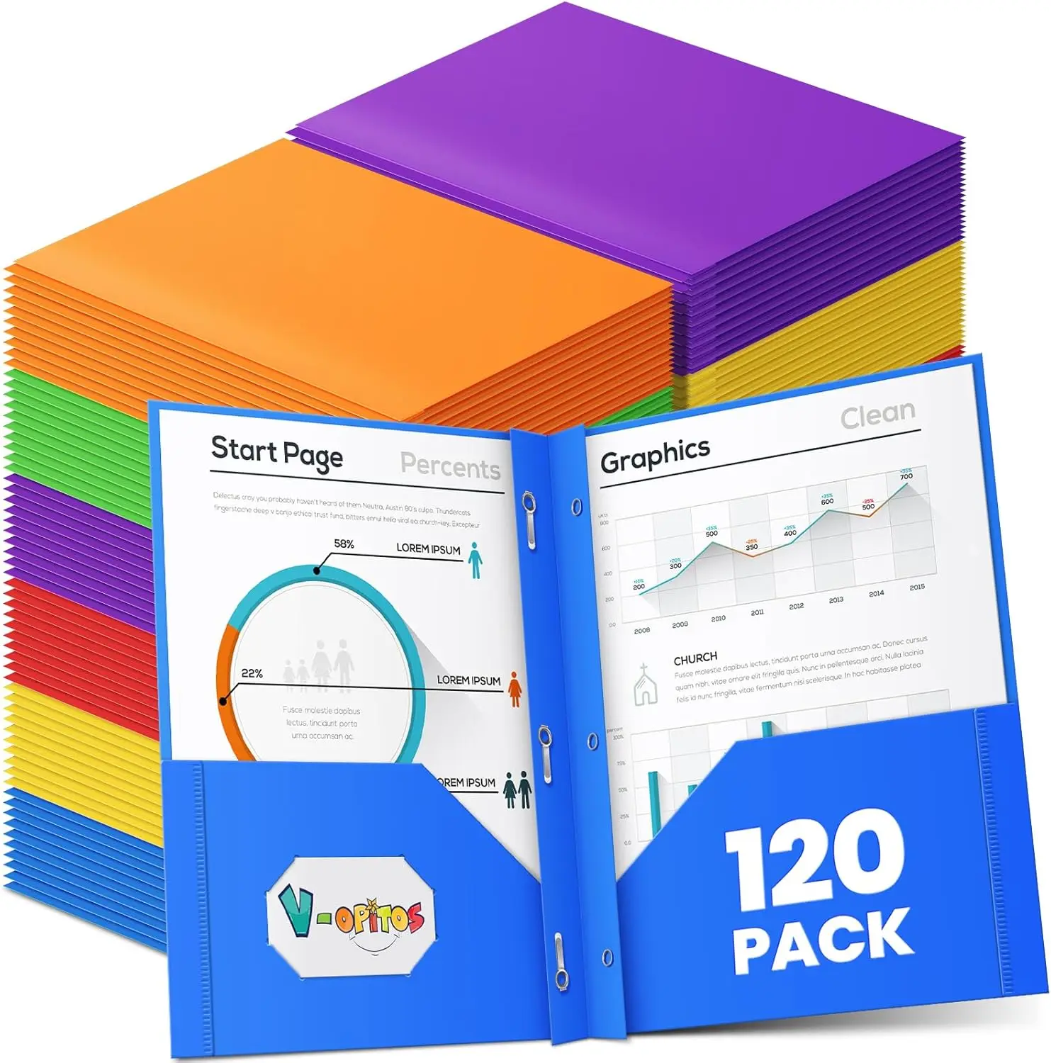 

120 Pack 2 Pocket Folders with 3 Prongs, Heavy Duty Plastic File Folders for School Office