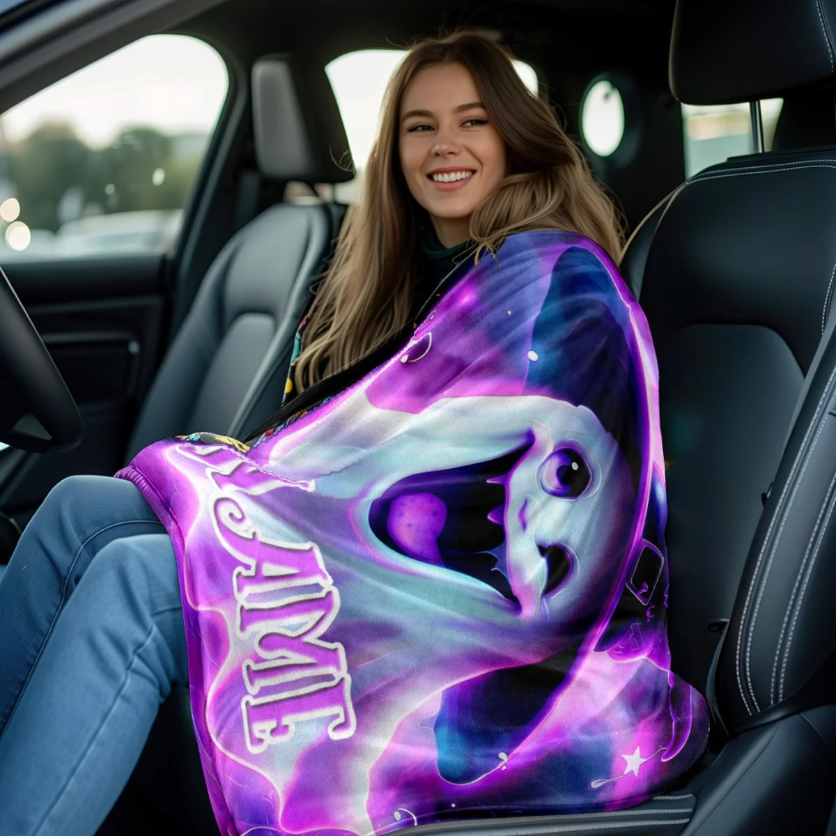 Lila Geister-Fleecedecke mit individuellem Namen, geeignet für Sofa, Bett, Halloween, Geburtstag, Kinder, Freunde, Geschenke.