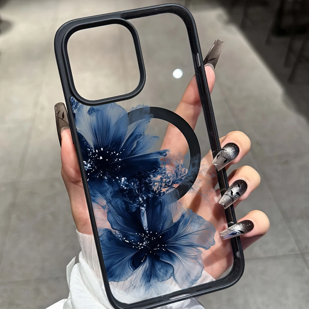 Tintenblaue Blumen-Transparenthülle für Magsafe iPhone 11 15 16 Pro Max 17 14 11 13 12 Pro Max Plus Hülle Magnetisches Kabelloses Laden Coque – Detail 3