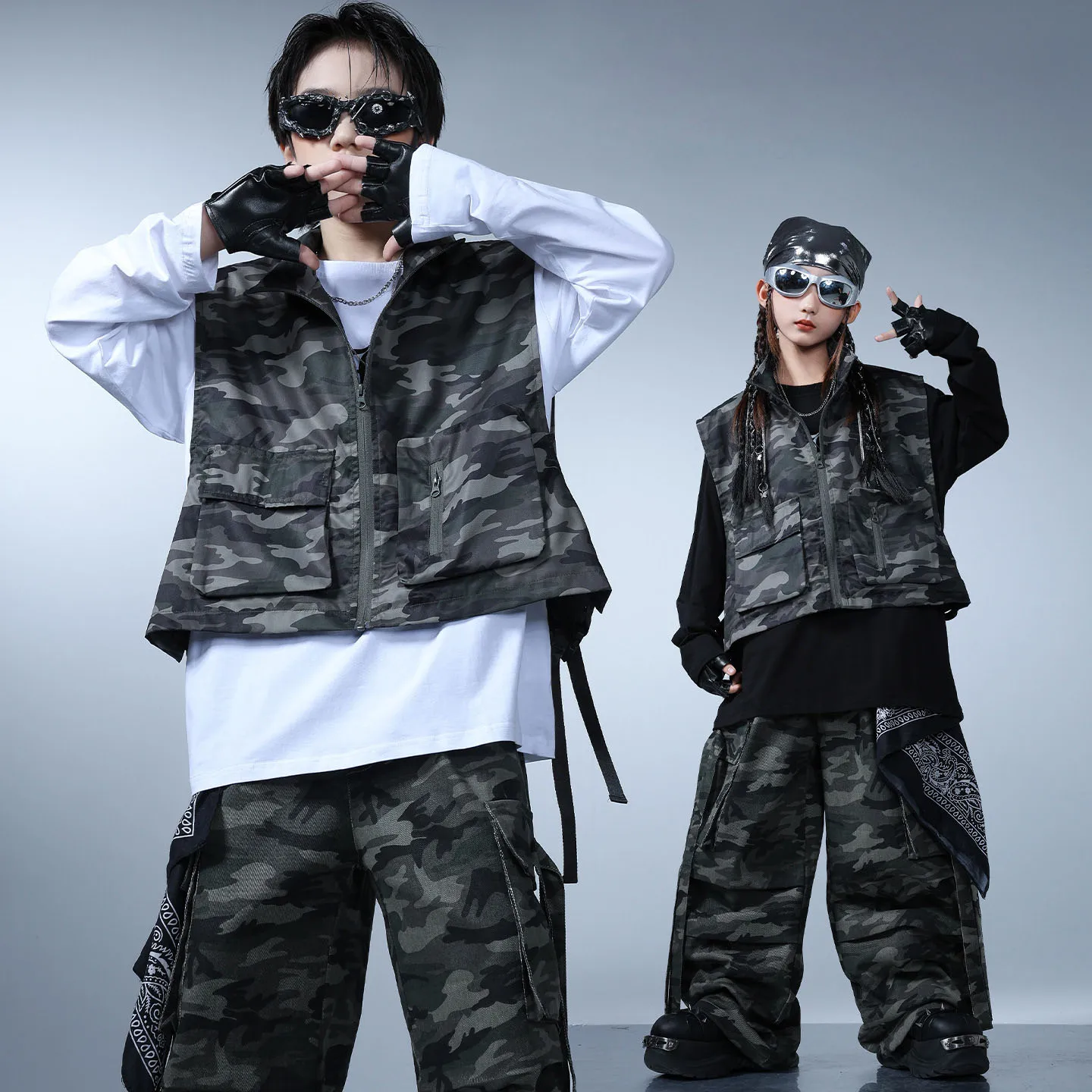 

Kid Kpop Hip Hop Clothing Camo Sleeveless Jacket Vest Top Street Strap Parachute Cargo Pants for Girl Boy Dance Costumes Clothes