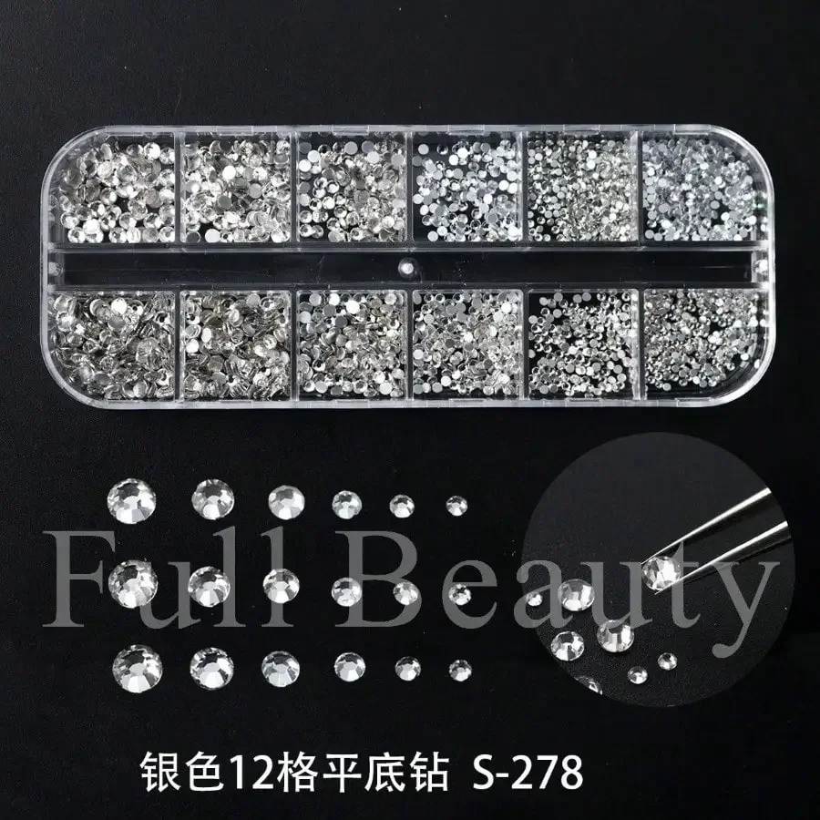 

New 12-Grid Nail Art Decorations, Mixed Size Round Silver Flat Back Rhinestones