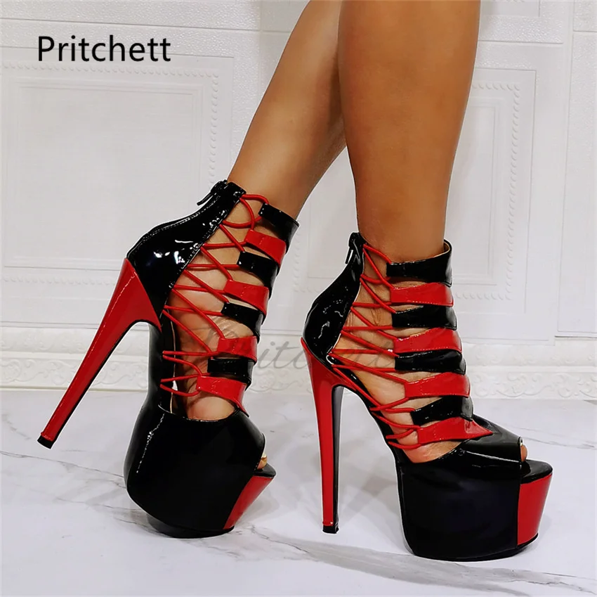 

Black Red Patent Leather Platform High Heels Stiletto Peep Toe Sandals for Women Zipper Super High Heeled Nightclub Summer Shoes