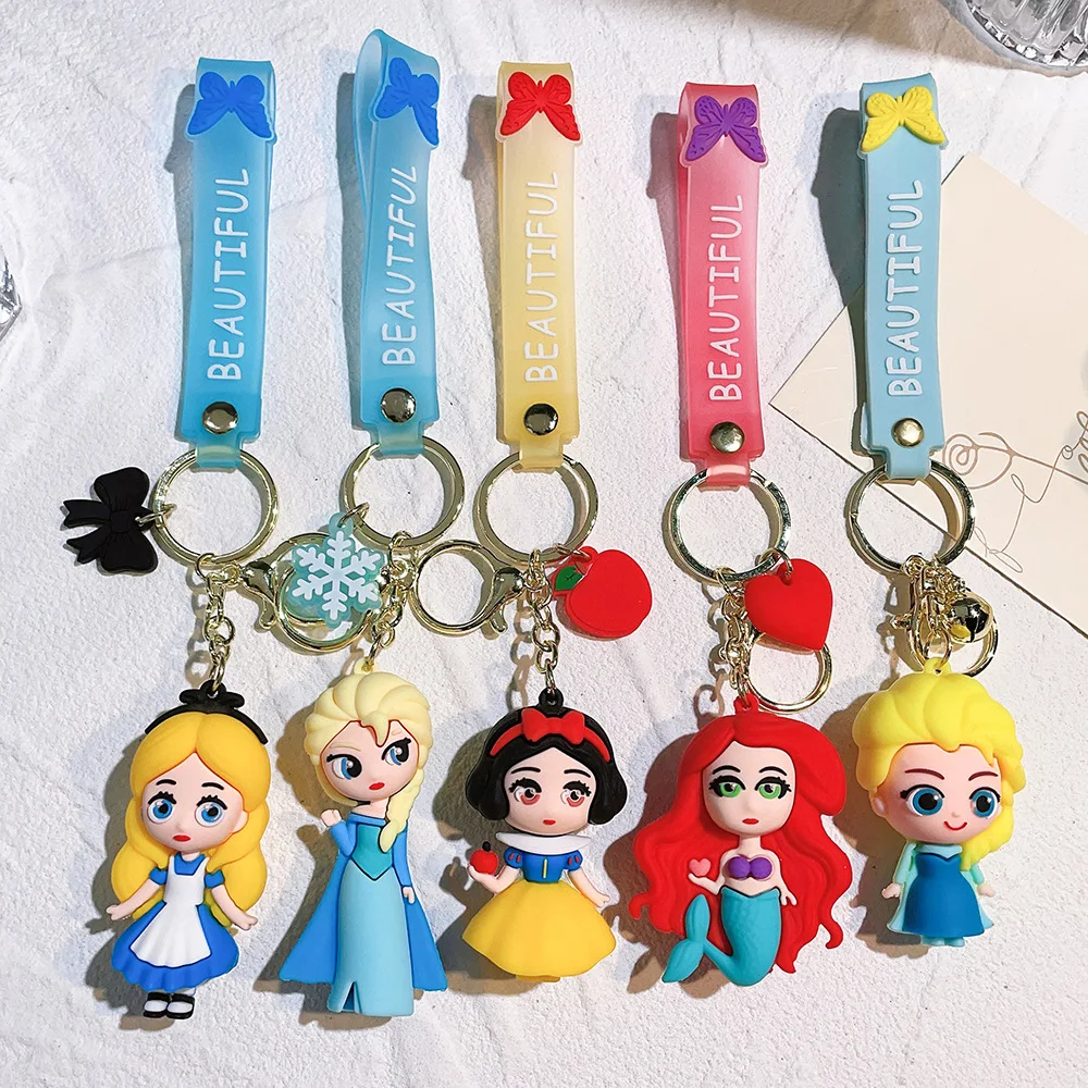 MINISO Snow White Mermaid & Elsa Princess Doll Key Chain Disney Style Cartoon Keychain Pendant Bag Hanging Decoration Small Gift