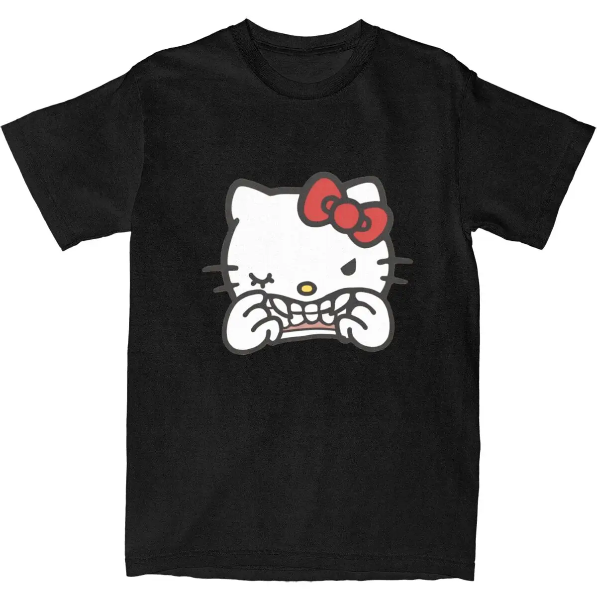 Hello Kitty Showing Teeth T Shirt Men Retro Pure Cotton T Shirts Summer Comfortable Harajuku Tees Hot Sale Oversized Clothing