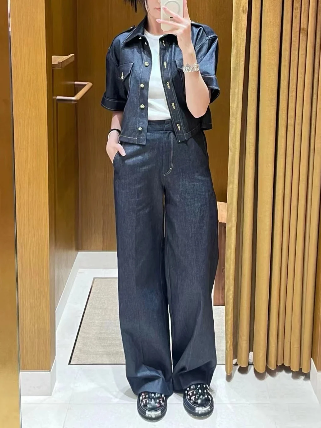 Autumn Winter Women Denim Suit Turn-down Collar Single Breasted Shoulder Patch Jacket or High Waist Straight Wide Leg Pants