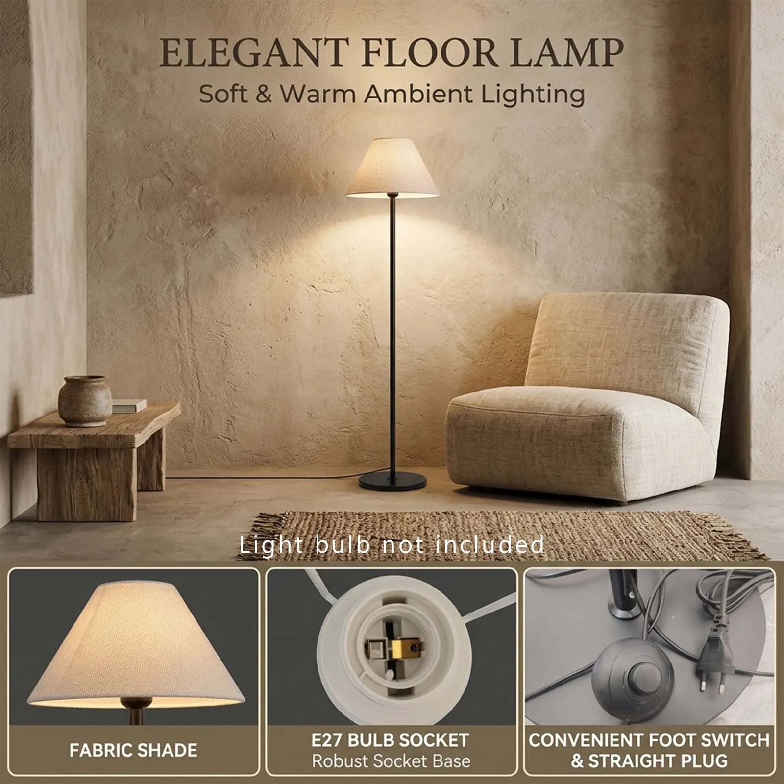 Black Standing Lamp with White Cone Fabric Shade and Convenient Foot Switch with Straight Plug for Cozy Bedroom