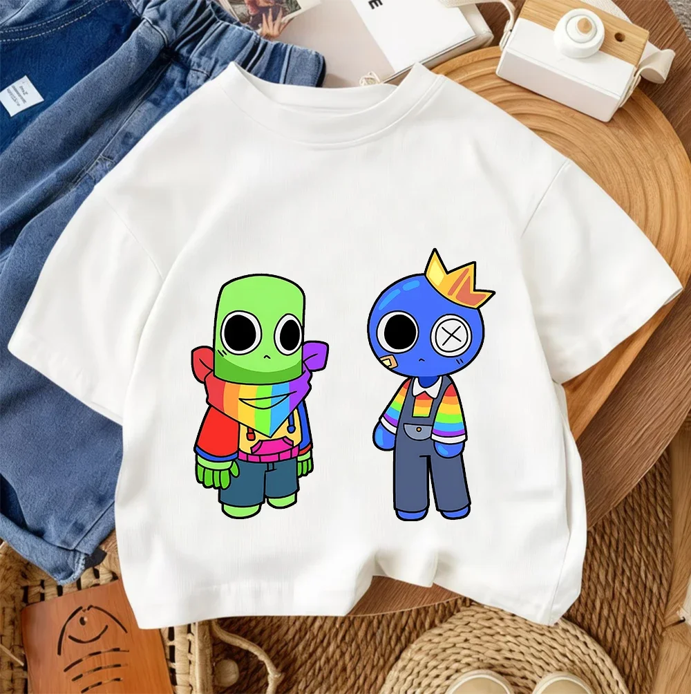 

Модная детская уличная футболка Rainbow Friends с милым мультяшным рисунком, летняя повседневная одежда с круглым вырезом, 2026, для детей от 3 до 14 лет