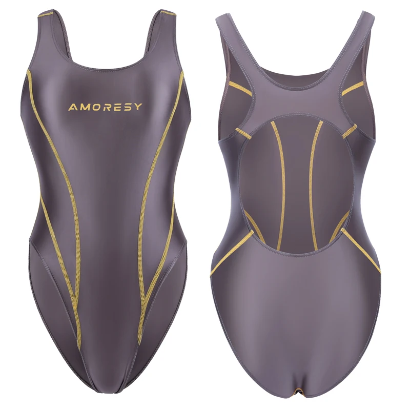 AMORESY Solid Shiny Metallic Thread High Cut Backless One Piece Swimsuit Glossy Stretch Bodysuit Hot Spring Vacation Wear