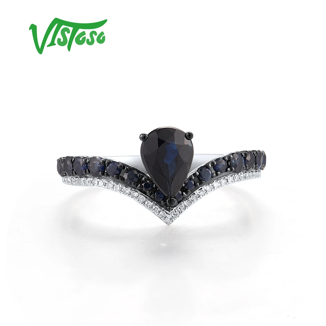 VISTOSO Authentic 14K 585 White Ring For Women Sparkling Diamond Blue Sapphire Wedding Anniversary Party Chic Fine Jewelry