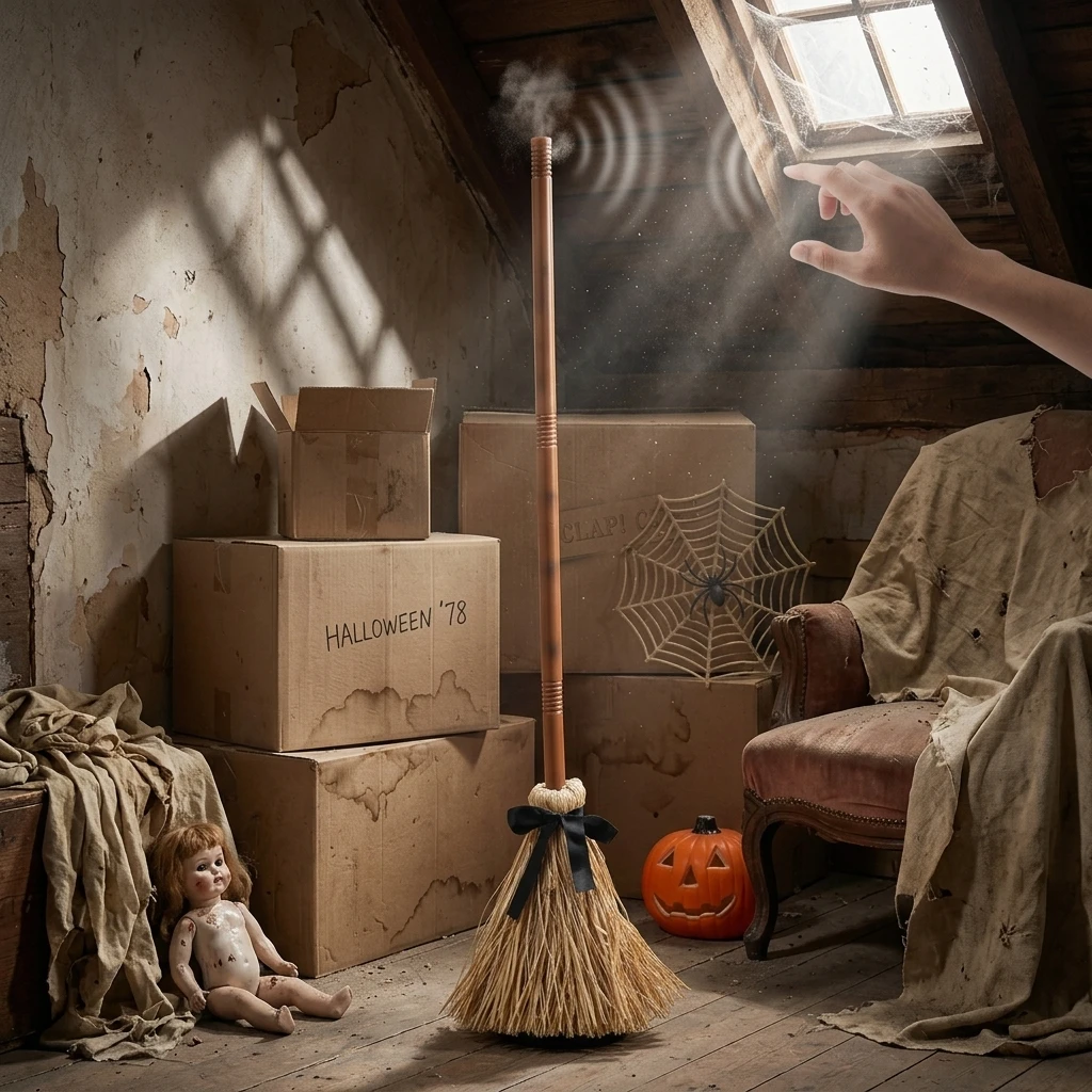 Halloween Floating Witch Broom Decor Halloween Witch Broom Decor LED Light For Halloween Party Decor Use Sound Activated Witch Broom Light Up LED Animation Detail Witch Laughing Sound Effect For Halloween Home Decor Fans Hot Sale 2026 Halloween Wholesale