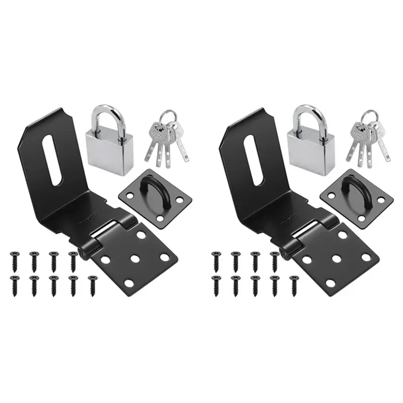 

【PUBLICITY】2 Set 4 Inch 90 Degree Padlock Hasps, Stainless Steel Latch Lock Padlock Hasp With Padlock And Keys Set, Door Latches