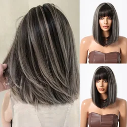 Short Bob Wigs Synthetic Wigs Black Silvery Highlight with Bangs for Women Straight Hair Cosplay Party Fake Hairs Heat Resistant