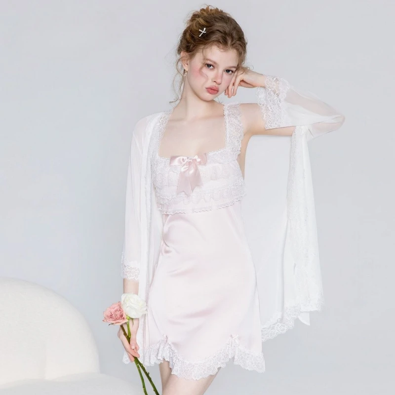 Light Luxury Sweet Pajamas Short Lace Moisture Wicking Home Wear Western-style Summer Camisole Nightgown Outer Robe for Women