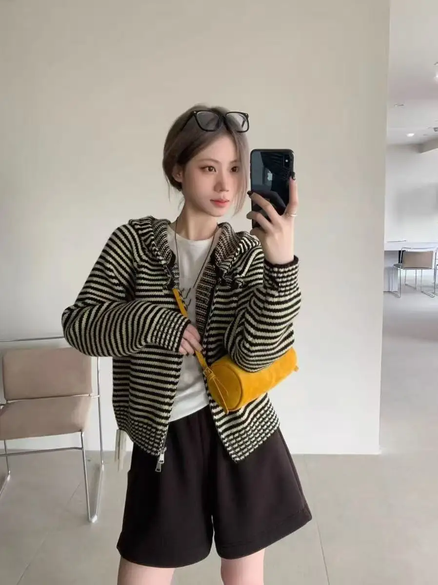 Purple Striped Hooded Sweater Jacket Women's Open Cardigan Autumn Winter Korean Style Soft Thickened Knitted Shirt Inner Wear...