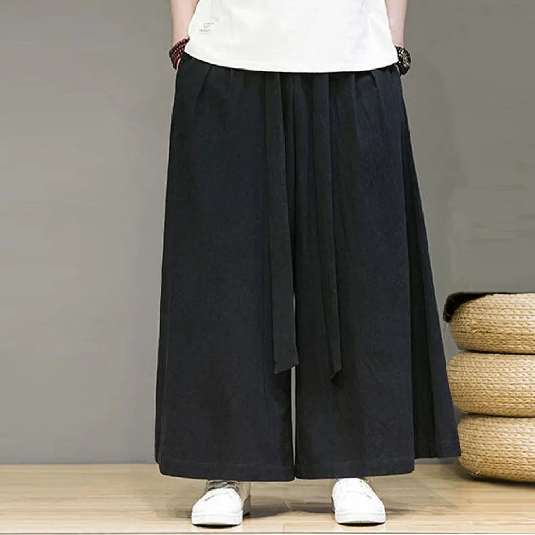 중국 스타일 남성 바지 면 린넨 봄 가을 플러스 사이즈 통기성 루즈 스트레이트 캐주얼 와이드 레그 팬츠 우슈 의류