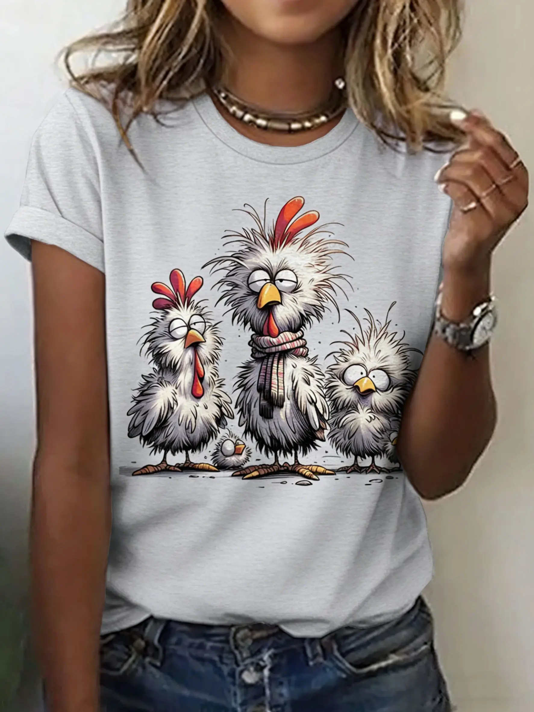 Funny Cartoon Animal T-Shirts Cat Chicken 3D Print Women's Short Sleeve Round Neck T Shirt Harajuku Y2K Tees Top Female Clothing