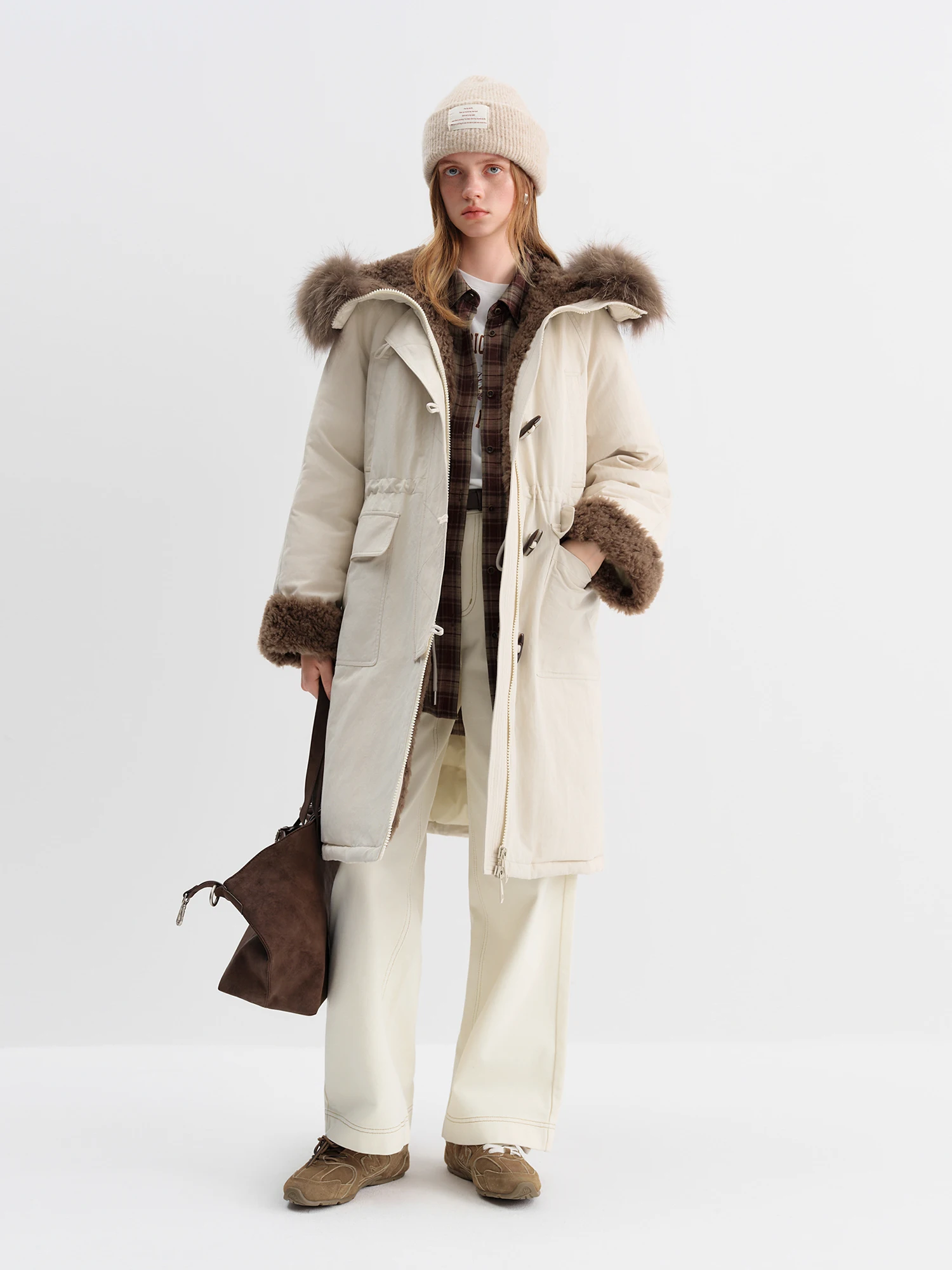 FSLE Dames met bont gevoerde donsparka met wolmix Halflange winterjas voor de winter van 2025, nieuwe collectie, lange jas met capuchon