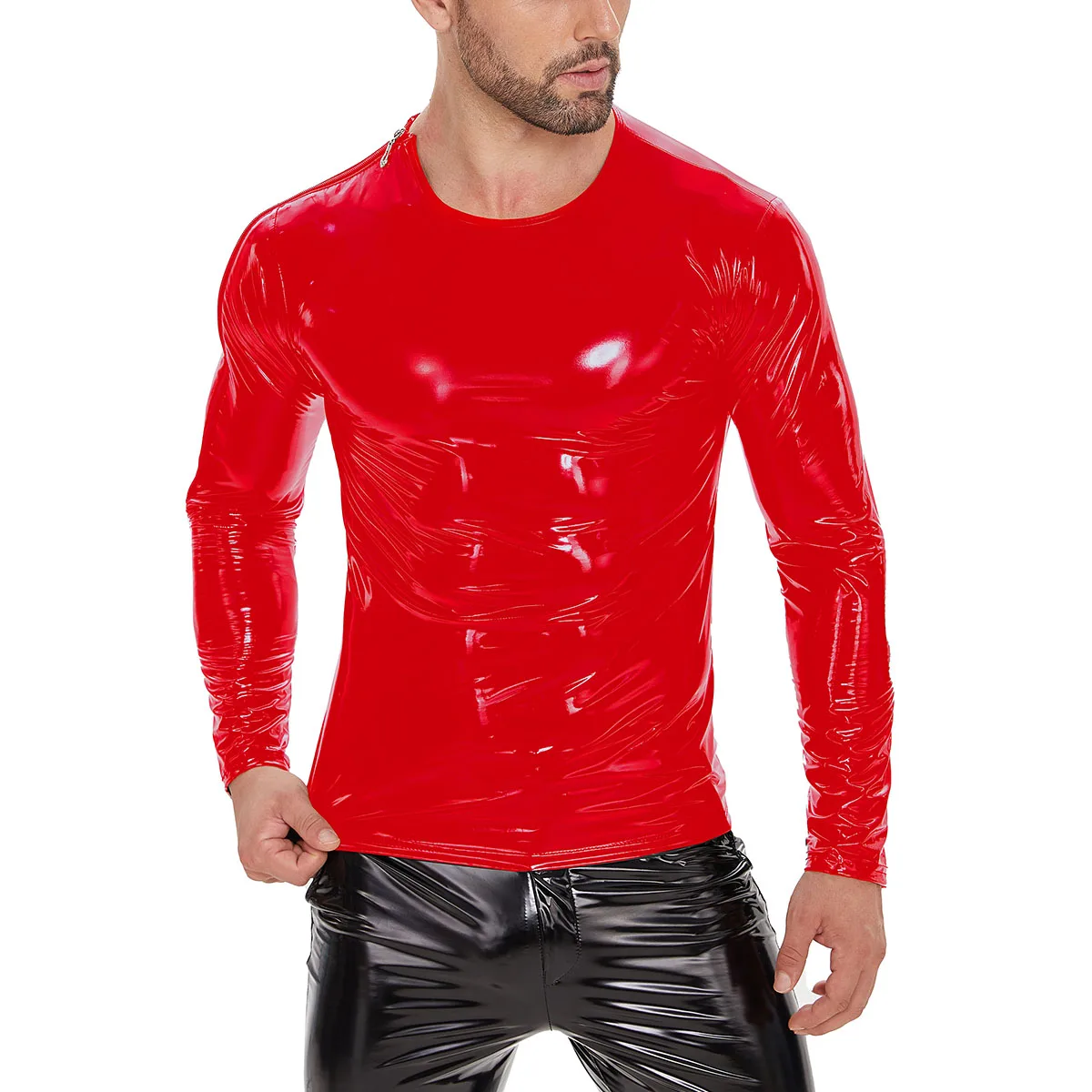 

Mens Glossy PVC Leather T-Shirt Long Sleeve Plus Size Shiny Leather Tees Male Wetlook Latex Shaping Casual Coat Zipper Beside