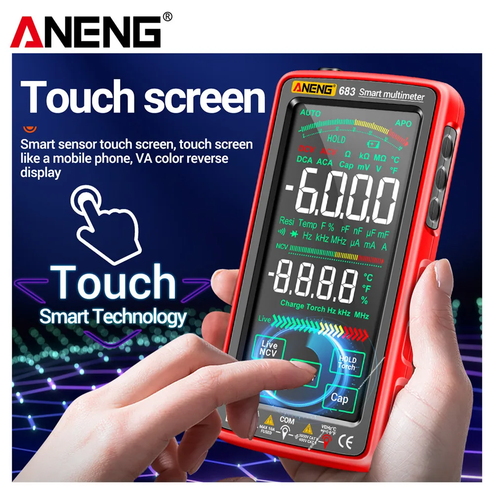 Smart Touch Screen Multimeter Rechargeable Tester Ammeter AC/DC Voltage Current Buzzer Diode NCV Hz Electrician Tools ANENG 683